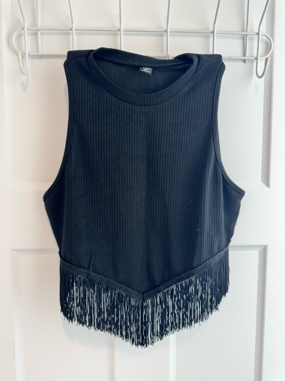 SHEIN Black Ribbed Fringe Tank Crop Top